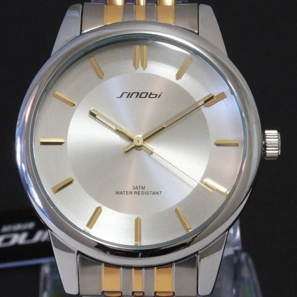 Men's Casual Watch Two Tone Silver Sunburst Dial Gold Hands, Indices 38mm